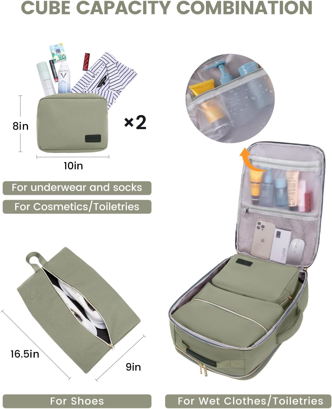 Light Green-beige-olive Green Unisex Travel Bag – 40L Airline-Approved Backpack with Cubes for Smart Packing