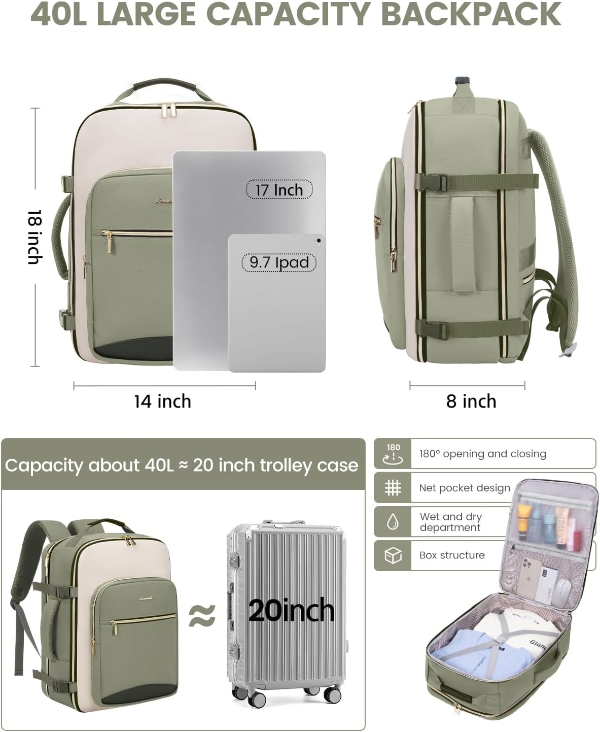 Versatile 40L Travel Backpack – Light Khaki-beige-coffee Edition with 3 Packing Cubes & Laptop Space