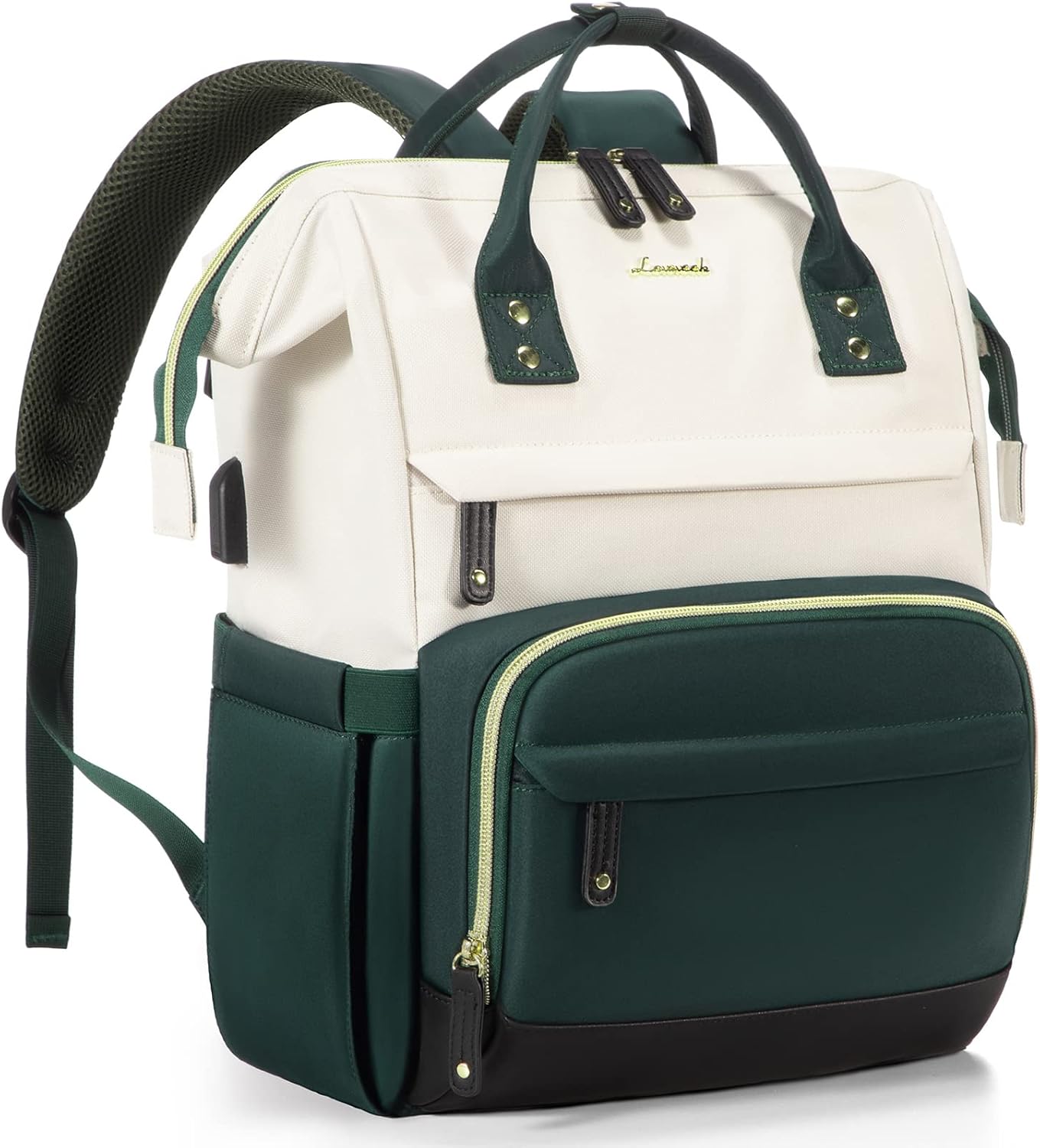 White-green-black Casual Laptop Purse Backpack – 15.6 Inch Travel Bag with USB Port for Women