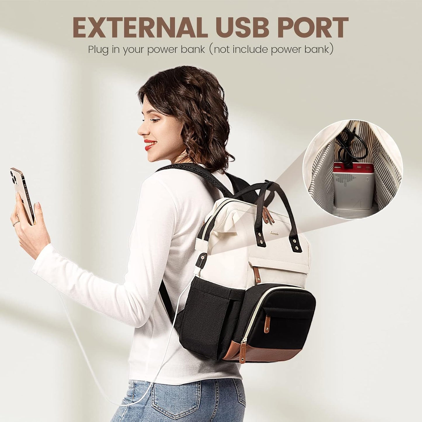 Beige-wine Red USB Laptop Backpack – 15.6 Inch Casual Daypack for Women Nurses or Students