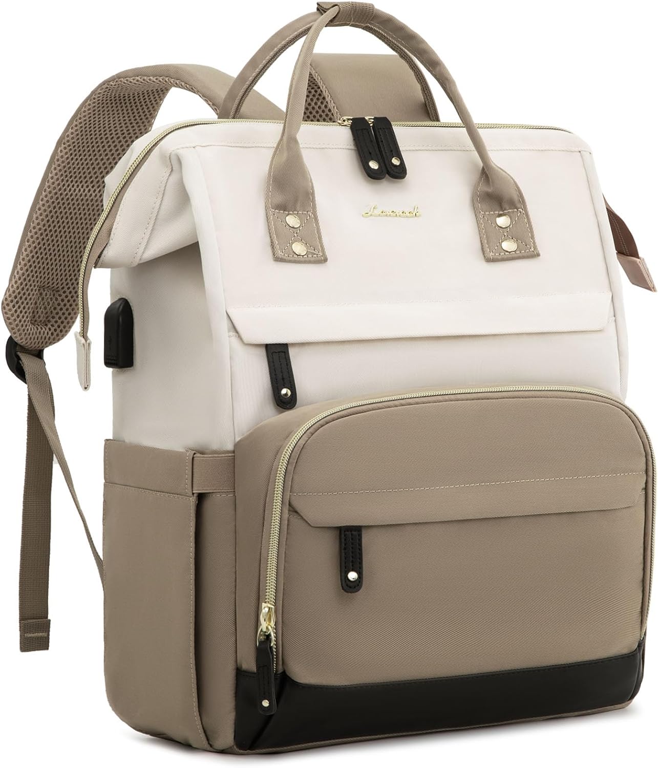 White-khaki Multi-Pocket Work Backpack – Women's 15.6'' Laptop Daypack for Travel or Office