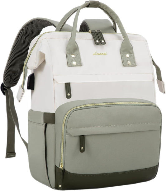 Beige-light Green Casual Laptop Purse Backpack – 15.6 Inch Travel Bag with USB Port for Women