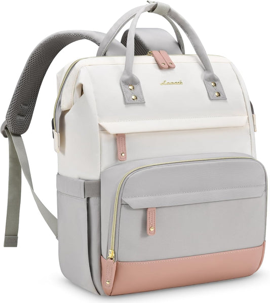 Women's Gray-pink Laptop Backpack – USB Charging Work Bag for Nurses, School, or Business