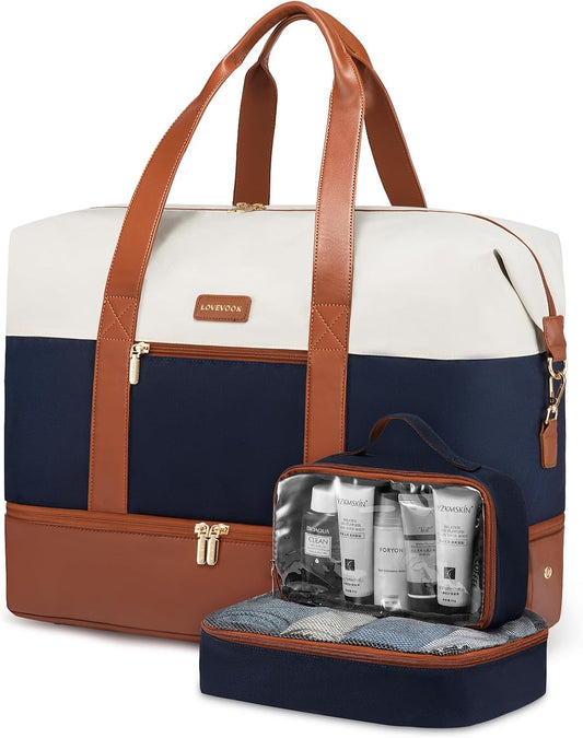Women's Beige-Blue-Brown Carry-On Duffel – Lightweight Weekender for Trips & Getaways