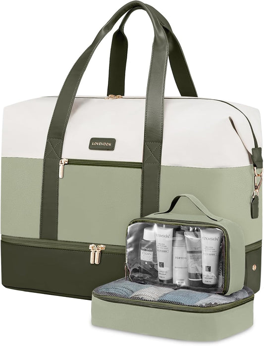 Beige-Green-Green Functional Travel Bag – Shoe Storage, Packing Cubes & Carry Handle Included