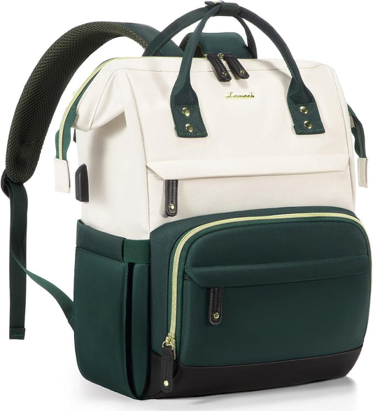 White-green-black Casual Laptop Purse Backpack – 15.6 Inch Travel Bag with USB Port for Women