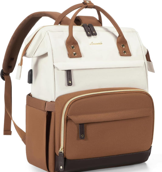 Beige-brown Bookbag for Women – 15.6'' Waterproof Laptop Backpack with Charging Port
