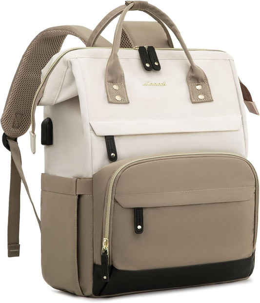 White-khaki Multi-Pocket Work Backpack – Women's 15.6'' Laptop Daypack for Travel or Office