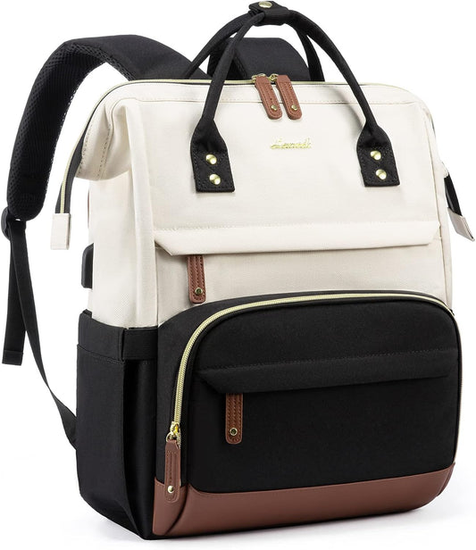 Beige-black Travel-Friendly Laptop Backpack – Work Purse for Women with USB Charger