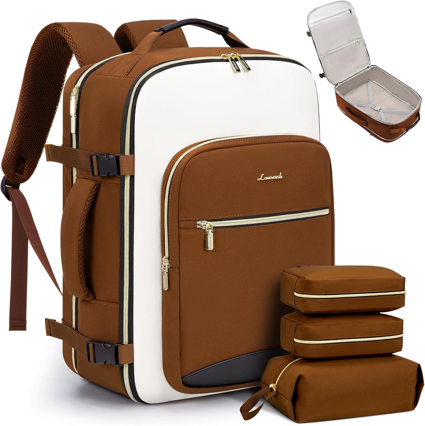 Versatile 40L Travel Backpack – Brown-beige-black Edition with 3 Packing Cubes & Laptop Space