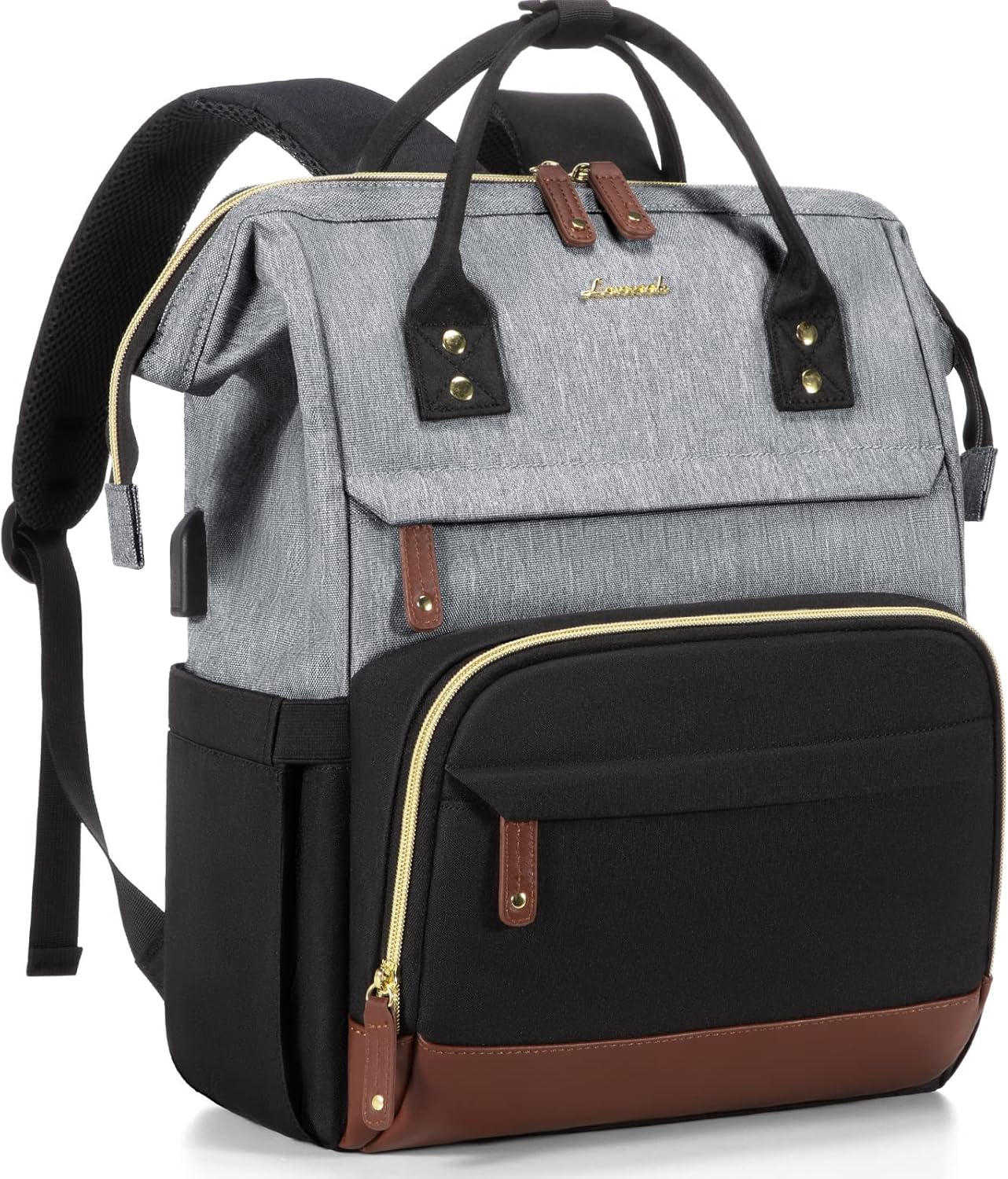 Black-grey-brown Travel-Friendly Laptop Backpack – Work Purse for Women with USB Charger