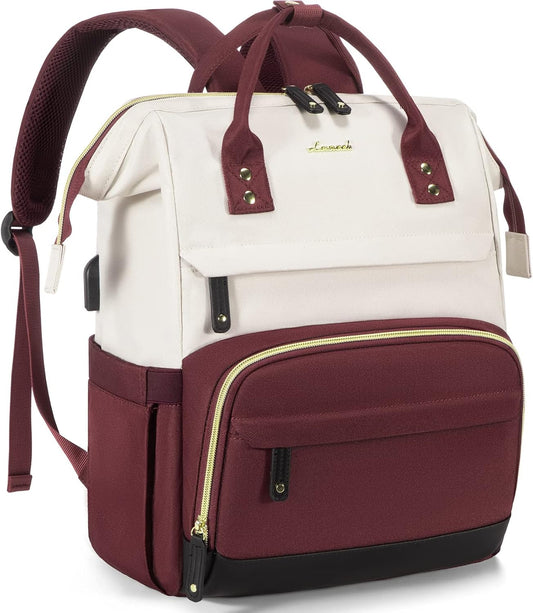 Beige-wine Red USB Laptop Backpack – 15.6 Inch Casual Daypack for Women Nurses or Students