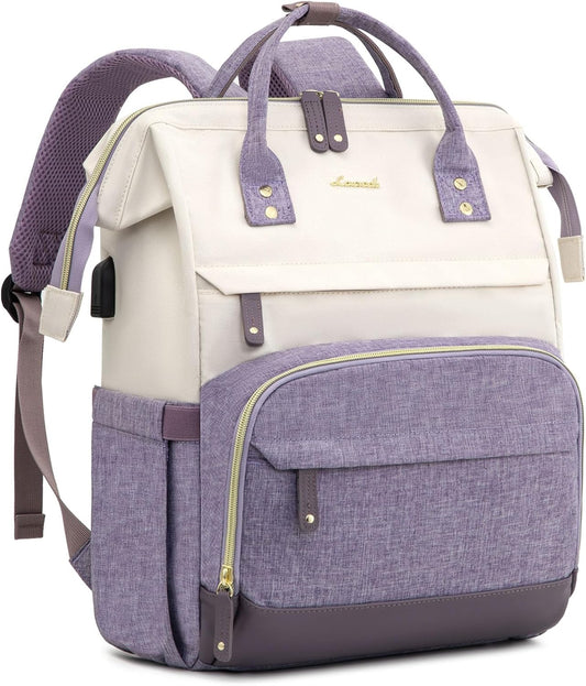 White-purple Multi-Pocket Work Backpack – Women's 15.6'' Laptop Daypack for Travel or Office