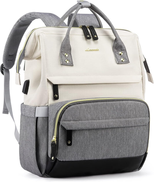 White-grey-black Waterproof Business Backpack – 15.6'' Women's Laptop Bag with USB Charging Port